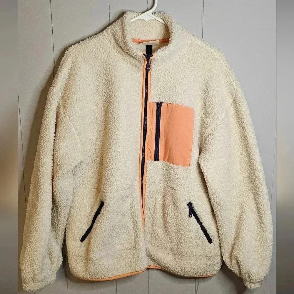 Universal Thread Sherpa Jacket Colorblock Cream Orange Navy, Medium